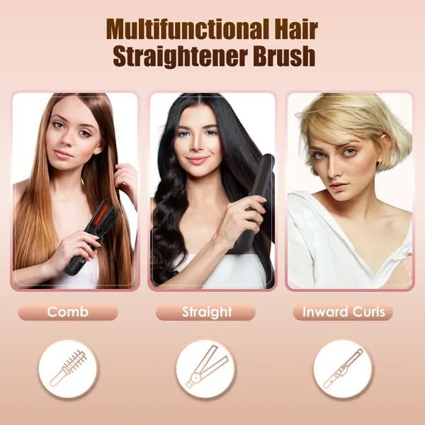 Bulkio 2 in 1 Cordless Ceramic Hair Straightener Flat Iron and Brush Rechargeable 3 Heat Settings Black Portable with Carry Bag