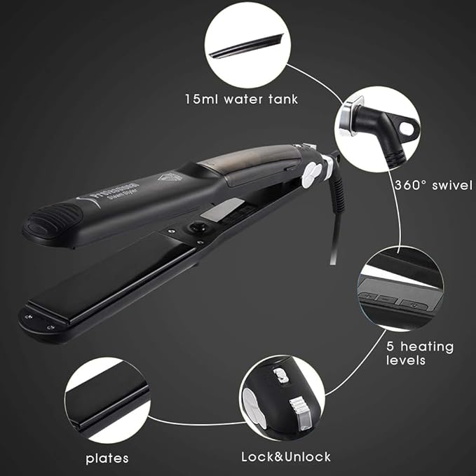 DORISILK Steam Straightener for Hair Professional Steam Flat Iron Salon Ceramic Tourmaline Vapor Steam Ionic Straightening Iron 2 in 1 Hair Straightener and Curler Dual Voltage Adjustable Temp