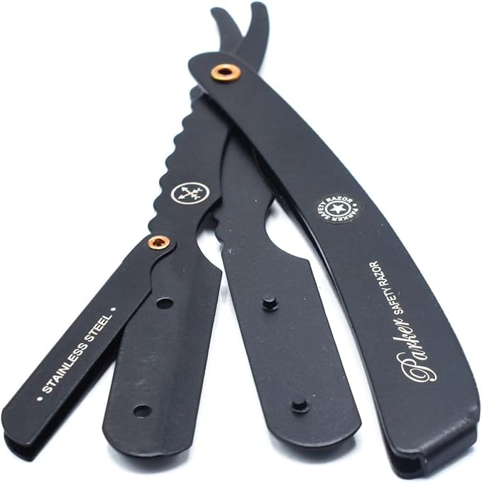Parker SRXBLK Professional Stainless Steel Clip‑Style Barber Razor – Heavy‑Duty Black Finish with 5 Refill Blades Ergonomic Weight for Barbers &amp Straight Razor Shaving Enthusiasts