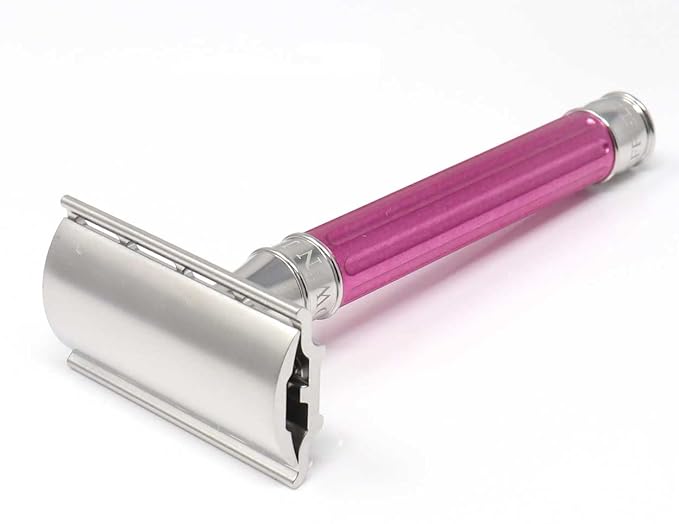Edwin Jagger 3ONE6 DE Stainless Steel Safety Razor Grooved 1x Pack of DE Razor Blades (Anodized Pink)