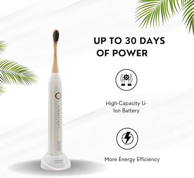 Sustainable Tomorrow Zen Bamboo Electric Toothbrush Durable Wood-Grain ABS Handle Rechargeable w/Plant-Based Soft Bristles Bamboo Heads 5 Modes &amp 30-Day Battery (White)