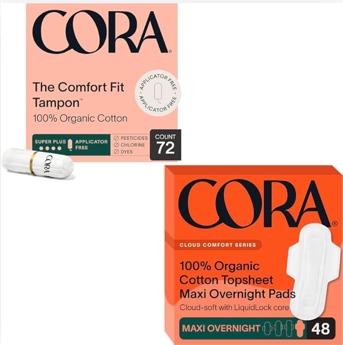 Cora Organic Feminine Care | Non-Applicator Ultra-Absorbent S/S+ Tampons &amp Organic Cotton Maxi Pads | Eco-Conscious Overnight Absorbency | 72 Tampons &amp 48 Pads