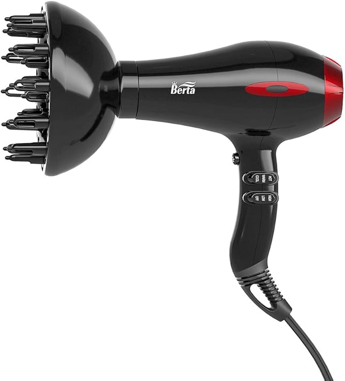 BERTA 1875W Professional Salon Hair Dryer Negative Ionic Blow Dryer 2 Speed 3 Heat Settings Cool Button with AC Motor Concentrator Nozzle &amp Diffuser &amp Comb