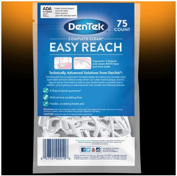 DenTek Complete Clean Easy Reach Floss Picks No Break &amp No Shred Floss 75 Count (Pack of 12)