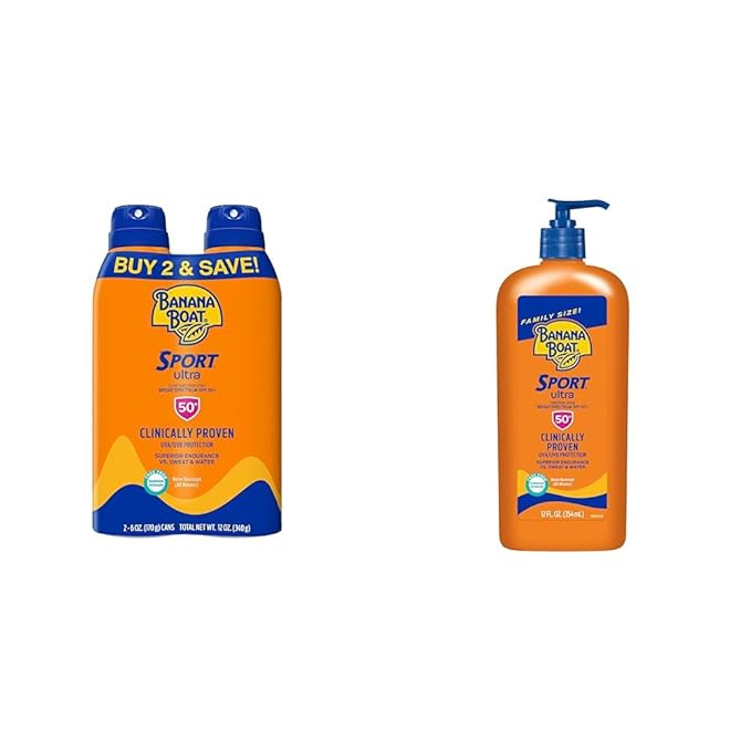 Banana Boat Ultra Sport Reef Friendly Sunscreen Spray &amp Sport Ultra SPF 50 Sunscreen Lotion 6 Oz (Pack of 2) &amp 12oz | Oxybenzone Free Broad Spectrum SPF 50 Water &amp Sweat Resistant Up to