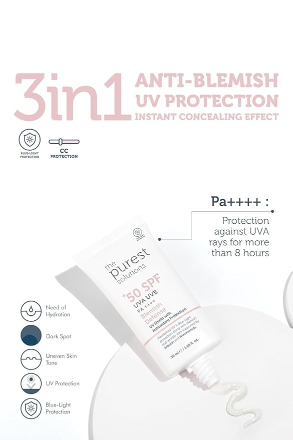 The Purest Solutions Blemish Defense (UV Shield with Antioxidant Protection SPF 50+) - 8h UVA Protection Arbutin &amp Niacinamide for Skin Tone Harmonization and Moisturizers - Vegan (50 ml)
