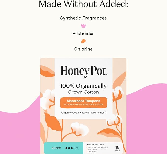 The Honey Pot Company - Super Absorbency - 100% Organic Cotton Core Tampons w/Bio Plastic Applicator - Feminine Care – Unscented - 54 Count (3 Packs of 18)