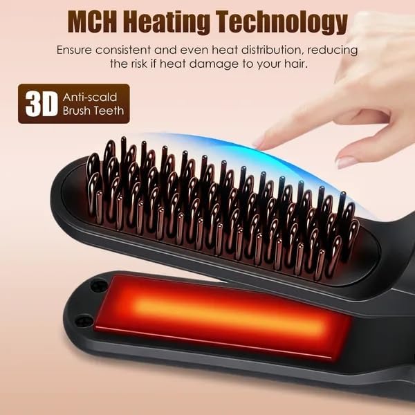 Bulkio 2 in 1 Cordless Ceramic Hair Straightener Flat Iron and Brush Rechargeable 3 Heat Settings Black Portable with Carry Bag