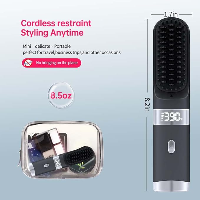 Cordless Hair Straightener Brush Portable on The go Comb for Travel USB chargingTwo Power sources30s Fast HeatingLCD Large Screen Display (Black) 1010