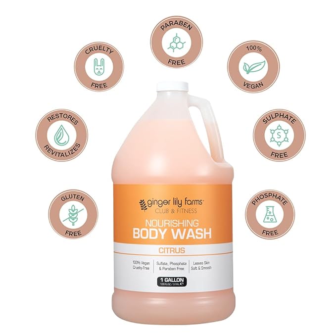 Ginger Lily Farms Club &amp Fitness Nourishing Body Wash 100% Vegan &amp Cruelty-Free Citrus Scent 1 Gallon Refill (Pack of 4)
