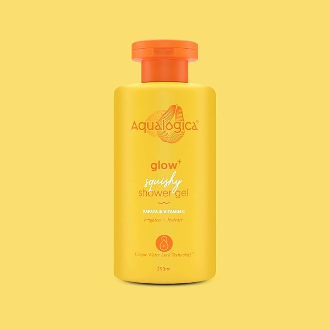 Aqua-logica Body Wash Glow plus Squishy Shower Gel | Papaya and Vitamin C | For Dry Oily Glowing and Hydrated Skin | For Men and Women 250ml.