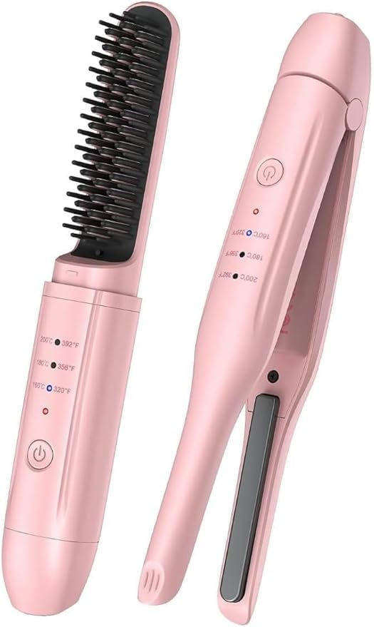 2 Pack Hair Straightener Brush and Curling Iron CordlessTravel Curling Iron Set Negative Ion Thermal Brush Hot Comb Fast Heating Type-C Rechargeable