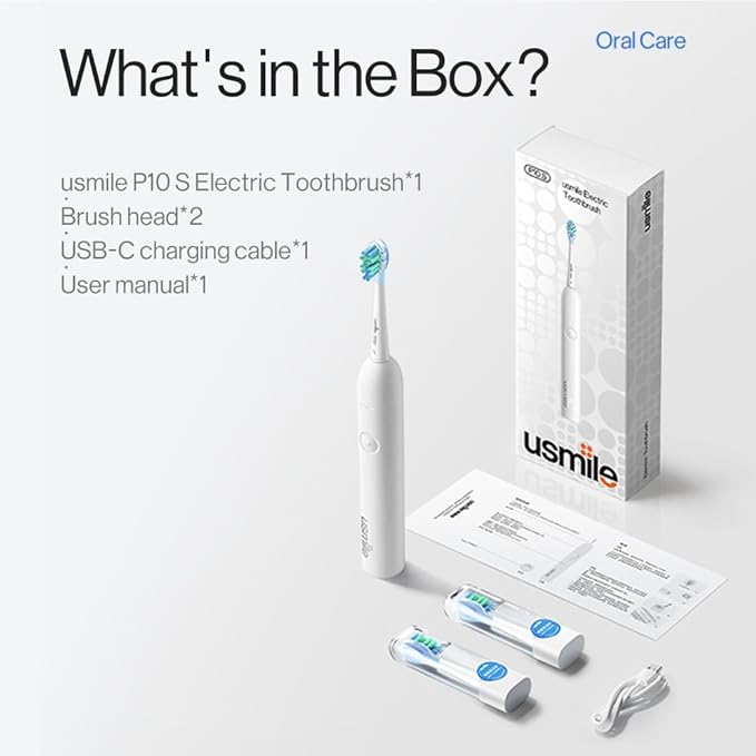 usmile P10S Sonic Electric Toothbrush – 3 Modes Deep Clean &amp Whitening 180-Day Battery Life Cushioned Gum-Care Brush Head for Sensitive Teeth Smart Timer 2 Brush Heads (White)