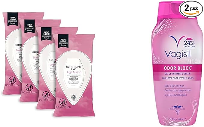 Summer's Eve Simply Sensitive Feminine Wipes 32 Count (4 Pack) &amp Vagisil Feminine Wash Odor Block 12 oz (1 Pack)