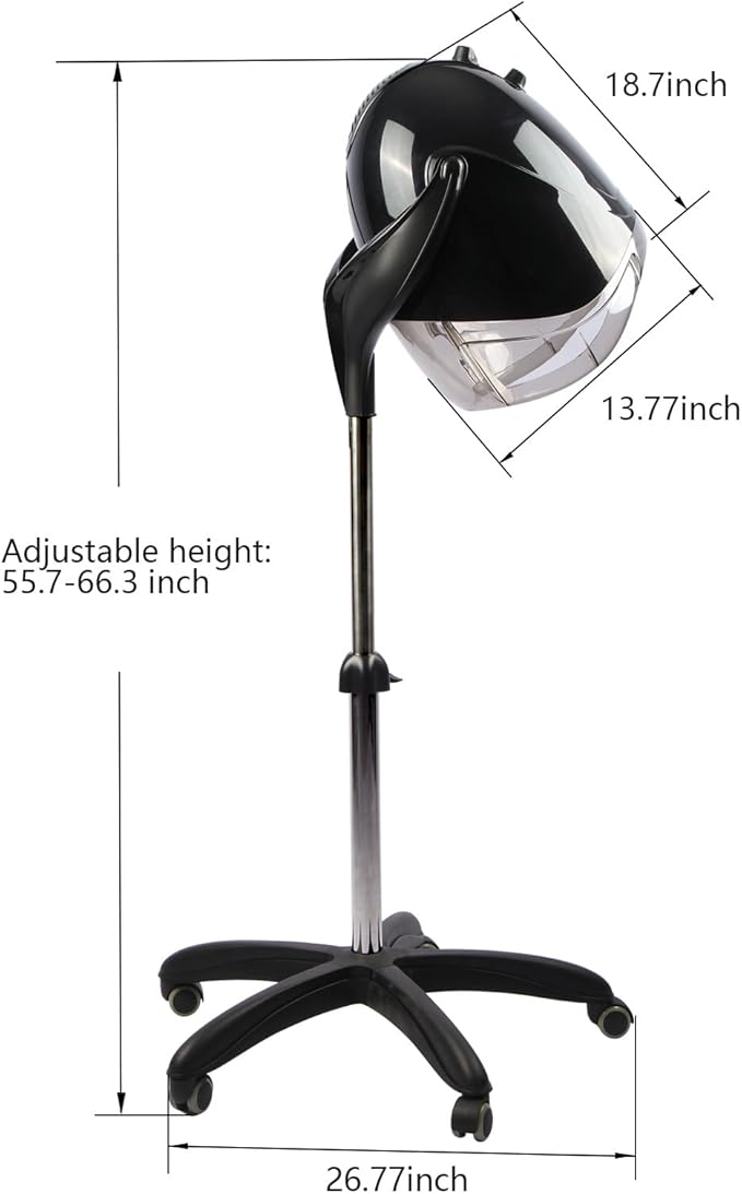 1000W Professional Hooded Hair DryerStanding Blow Hair Dryer with Cap and WheelsTemperature and time are AdjustableSuitable for Salon and Home (Black-Stainless Steel Column)