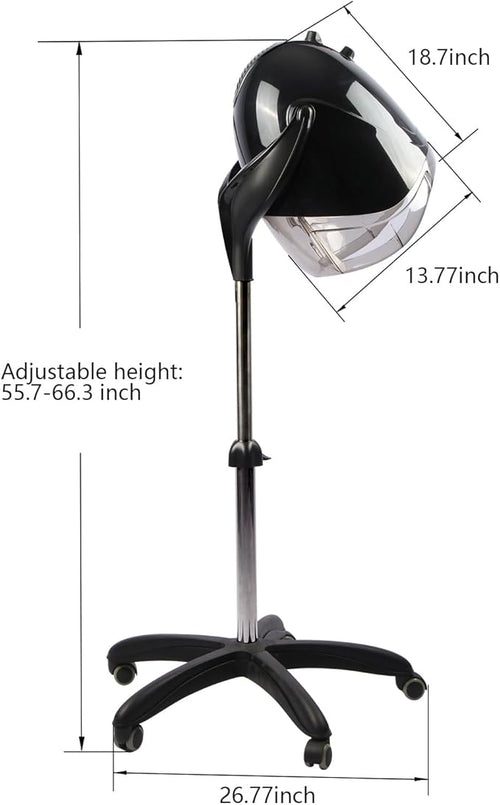 1000W Professional Hooded Hair DryerStanding Blow Hair Dryer with Cap and WheelsTemperature and time are AdjustableSuitable for Salon and Home (Black-Stainless Steel Column)