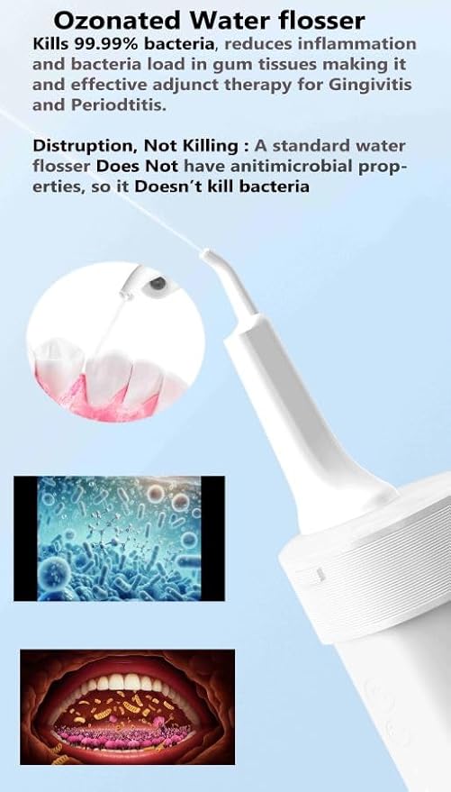 Water Flosser Oral Irrigator – Living Ozone™ US Patented TechnologyTraditional Water Flossers Rinse. We Disinfect Gums Portable for Home &amp Travel 20 Days Usage/Charges. Chemical Free.
