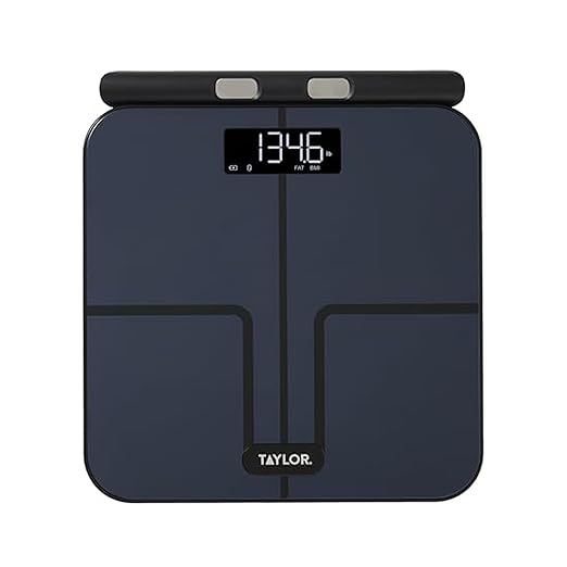 Taylor Smart Total Body Composition Scale with Precision Hub App Retractable Handle 11.8 x 11.8 Glass Platform Vanishing 0.9 LED Display 440 lb Capacity 8 Contact Points Black