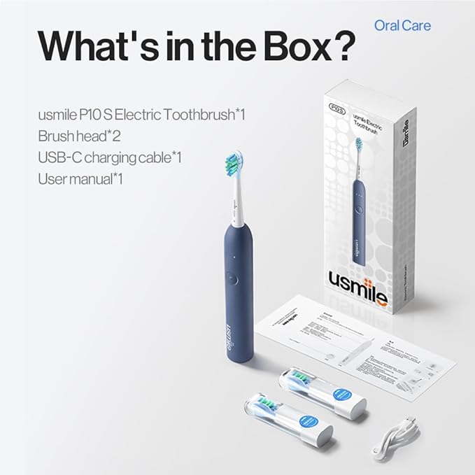 usmile P10S Sonic Electric Toothbrush – 3 Modes Deep Clean &amp Whitening 180-Day Battery Life Cushioned Gum-Care Brush Head for Sensitive Teeth Smart Timer 2 Brush Heads (Blue)