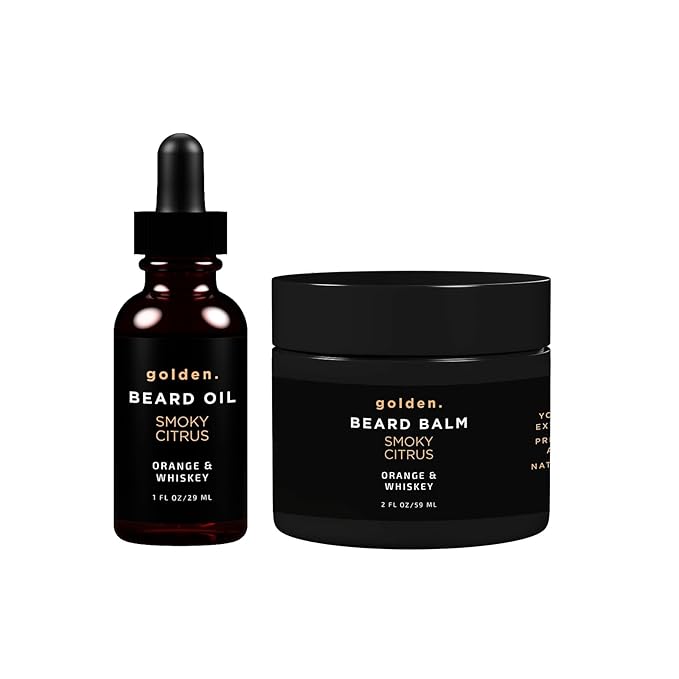 Golden Grooming Beard Bundle for Black Men | Natural Beard Growth Kit with Shea Butter (Regular Smoky Citrus)