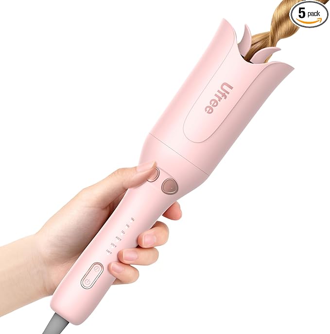 Ufree Automatic Rotating Curling Iron 1 Inch Ceramic Curling Wand 1-Click Hair Curler with 3 Heat &amp Timers Anti-Scald Design 1M Ionic Care Dual Voltage for Travel Beach Waves Rose Gold