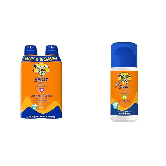 Banana Boat Sport Ultra SPF 50 Sunscreen Spray Twin Pack and SPF 60 Sunscreen Roll On | Oxybenzone Free Sunscreen Bundle with Water Resistant Sun Protection