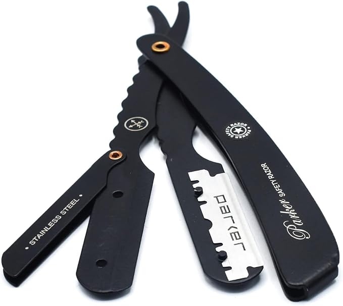 Parker SRXBLK Professional Stainless Steel Clip‑Style Barber Razor – Heavy‑Duty Black Finish with 5 Refill Blades Ergonomic Weight for Barbers &amp Straight Razor Shaving Enthusiasts