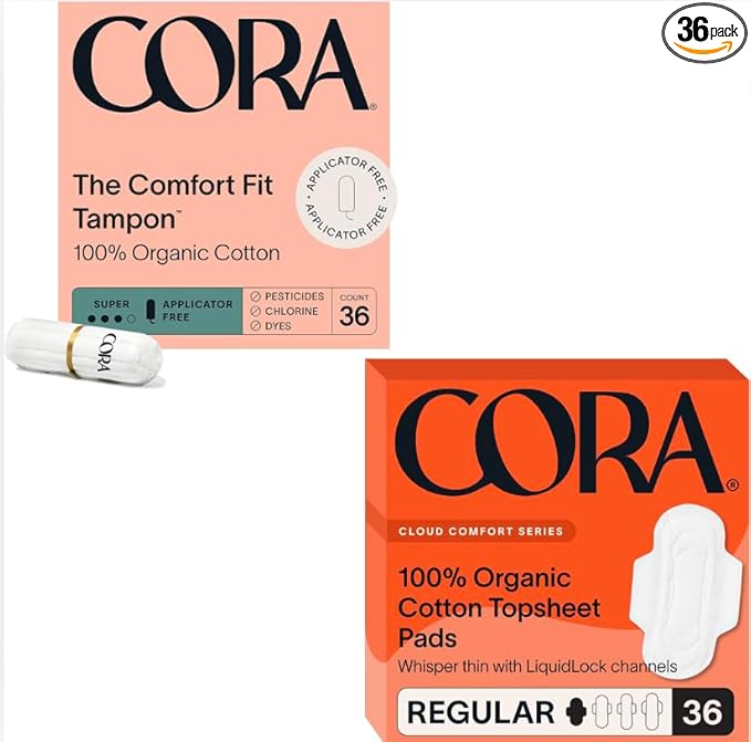 Cora Organic Feminine Care | Non-Applicator Ultra-Absorbent S/S+ Tampons &amp Organic Pads | Regular Absorbency | 100% Organic Cotton | Eco-Conscious | 36 Tampons &amp Pads