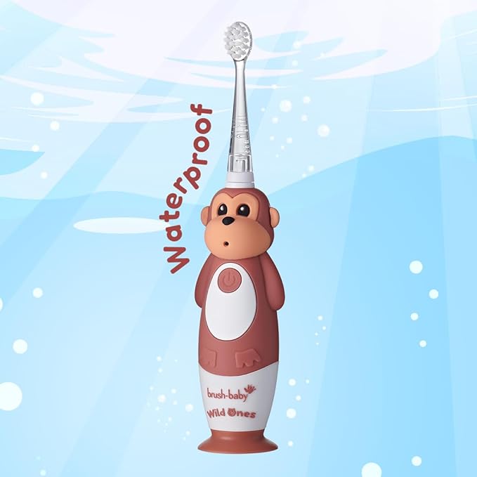 BrushBaby - WildOnes - Kids Rechargeable Electric Toothbrush Ages 0-10 - Monkey Design with Flashing Lights - DeepClean Bristles for Superior Cleaning - 2 Replacement Brush Heads 1 USB Cable