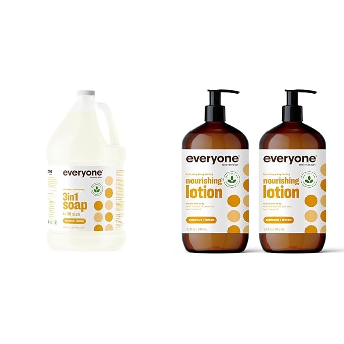 Everyone 3-in-1 Soap Body Wash Shampoo Bubble Bath Coconut Lemon 1 Gallon &amp Hand Body Lotion Coconut Lemon 2 Pack 32 Ounce