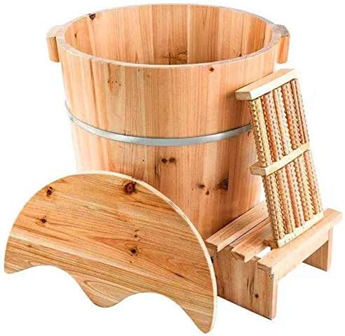 Foot Tub Wooden Foot Basin Household Wooden with Massager Foot Bath Barrel 40Cm Heightened Foot Bath Barrel Elevated Fumigation Barrel with Lid with Stool Natural Thicken Foot Basin foot Bath Woode