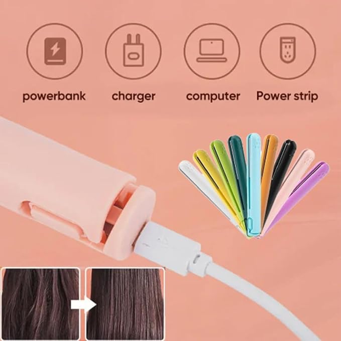 Mini Dual-Purpose Curling Iron for Short Hair 2 in 1 Hair Straightener and Curler Small Hair Straightener Travel USB Curling Wand (Orange)