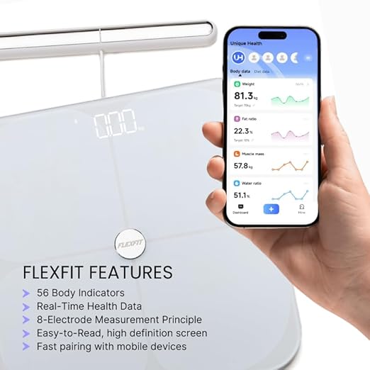 FlexFit Scale for Body Weight and Fat Percentage 8 Electrodes High Precision Digital Scale Accurate Measurement of 56 Body Indicators Bathroom Smart Scales
