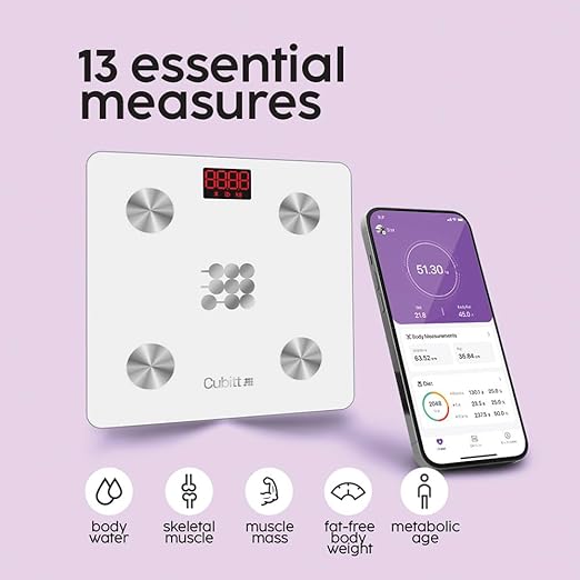 CUBITT Smart Digital Weight Scale 13 Body Composition Analizer BMI Muscle Mass Body Fat Scale with Smartphone App sync with Bluetooth (White)