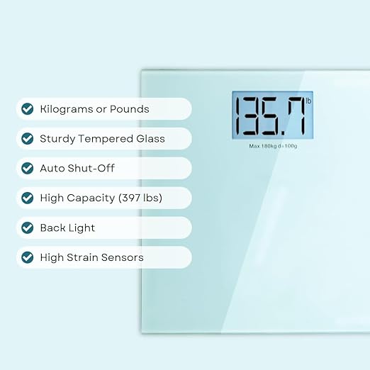 BV Medical Electronic Digital LCD Tempered Body Weight Bathroom Scale with High Capacity (397 lbs) Strain Sensors Auto Shut-Off Kg or Lbs and Blue Backlight