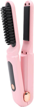 FILFEEL 60W Cordless Hair Straightener Brush 2 in 1 Straightening Comb and Curler with Digital Display 3500mAh Battery for Daily Hairstyles (Pink)
