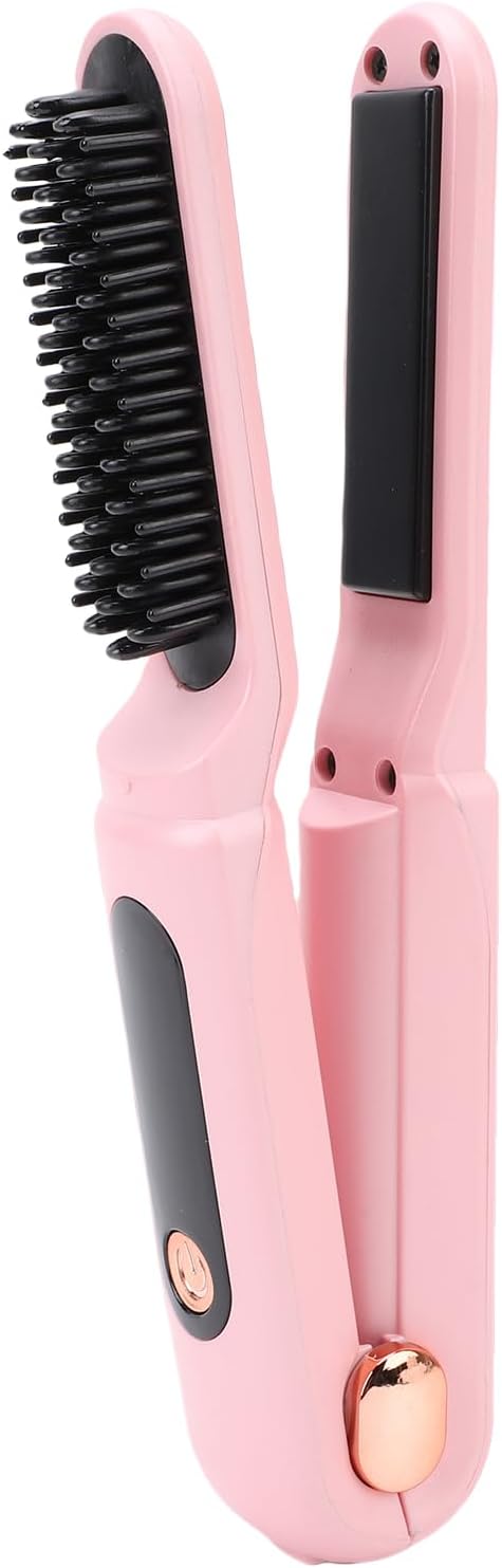 FILFEEL 60W Cordless Hair Straightener Brush 2 in 1 Straightening Comb and Curler with Digital Display 3500mAh Battery for Daily Hairstyles (Pink)