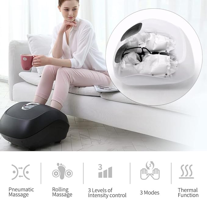 Foot Massager with Heat Shiatsu Deep Kneading Foot Rolling Massager Machine with Multiple Massage Modes &amp Adjustable Air Intensity for Home and Office Use (Black)