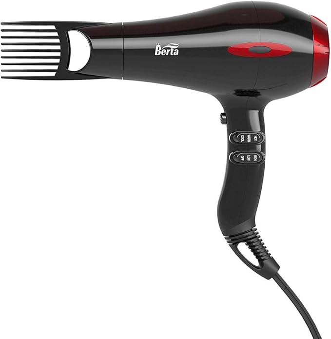 BERTA 1875W Professional Salon Hair Dryer Negative Ionic Blow Dryer 2 Speed 3 Heat Settings Cool Button with AC Motor Concentrator Nozzle &amp Diffuser &amp Comb