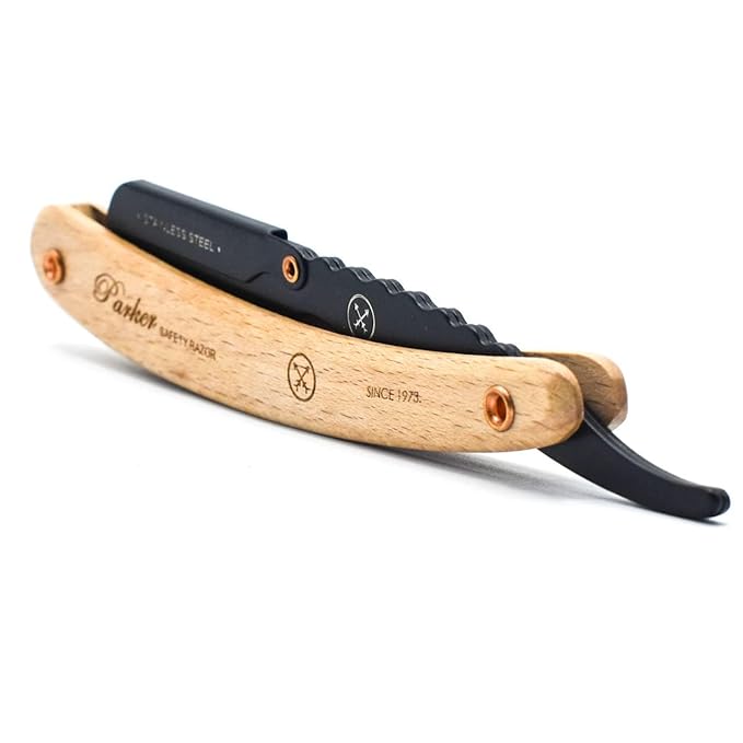 Parker SRP Pine Wood Handle Straight Edge Barber Razor – Stainless Steel Clip‑Type Straight Razor 5 Premium Half DE Blades Included