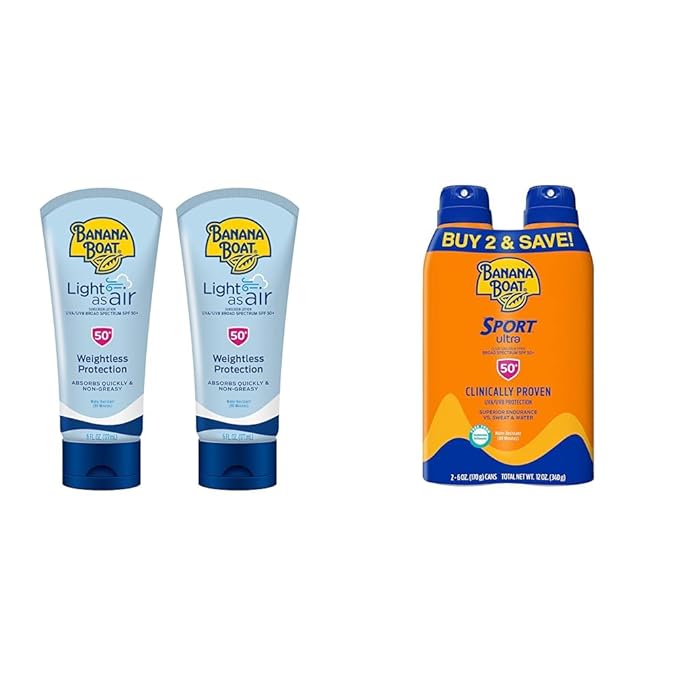 Banana Boat Light As Air Sunscreen Lotion SPF 50 and Sport Ultra SPF 50 Sunscreen Spray Twin Packs 6oz each