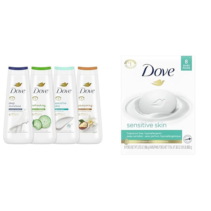 Dove Body Wash Collection with MicroMoisture and Beauty Bar with Moisturizing Cream for Sensitive Skin 4 Count 20 oz and 3.75 Ounce (Pack of 8)