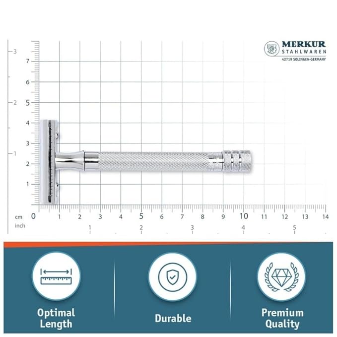 MERKUR 23C Double Edge Safety Razor - Polished Chrome Long Knurled Brass Handle Made in Germany Plastic-Free Three Piece Design Closed Comb Straight Bar