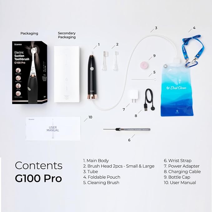 Bluereo G100 Pro Electric Suction Toothbrush with Built-in Oral Suction Sonic Vibration LED Light Portable for Dysphagia &amp Aspiration (Black/Rose Gold)