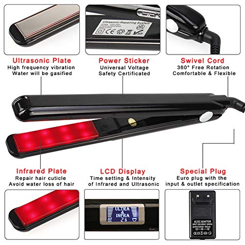 LCD Infrared Ultrasonic Keratin Cold Flat Iron Ceramic Heater Surface Hair Straightener for Damaged Hair With LCD Display Function (Black)