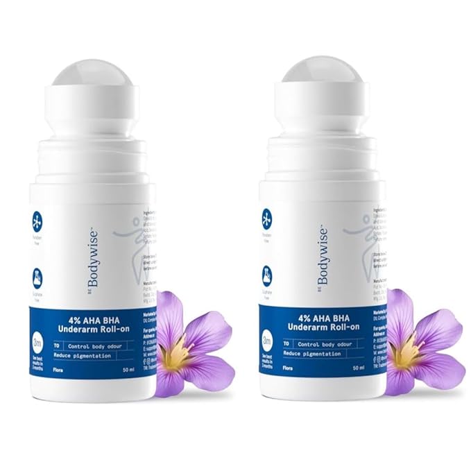 Be-Bodyvise's AHA BHA Underarm Roll On 2% Lactic Acid 1% Mandelic Acid 1% Salicylic Acid Flora Fragrance Alcohol-Free Aluminum-Free 50ml Pack of 2