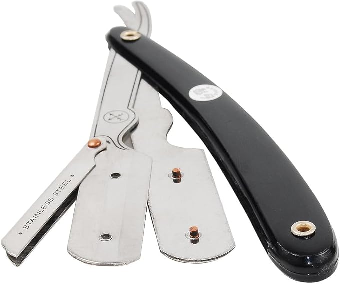 Parker Safety Razor Classic Black Straight Edge Barber Razor Shave Set - Includes 100% Pure Badger Brush Chrome Stand SRB Shavette Razor and 100 Blades