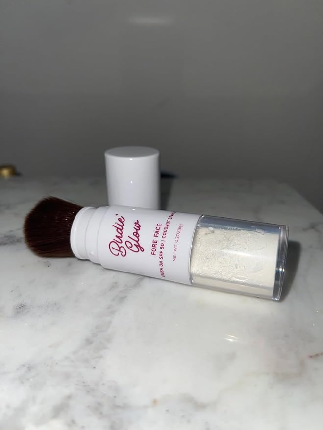 Birdie Glow Brush on SPF 50| Beach Essentials Zinc Oxide Mineral Sunscreen Powder SPF Face Sunblock Brush On Sun Screen Protector for Face and Body 0.20oz