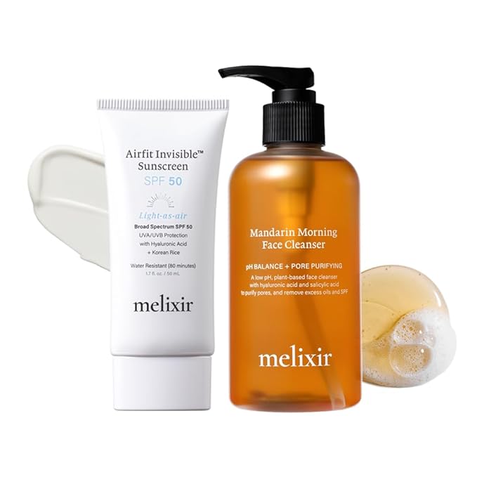 Melixir Airfit Invisible Sunscreen &amp Mandarin Morning Face Cleanser Duo for Sensitive Skin Korean Sunscreen with Rice &amp Hyaluronic Acid No White Cast Salicylic Acid Cleanser Hydrating Skin