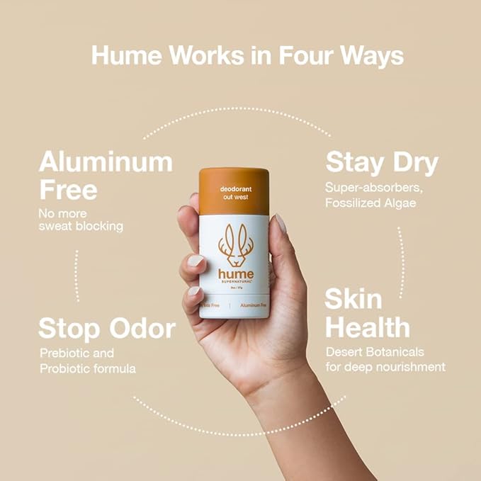 Hume Supernatural Aluminum Free Deodorant for Women &amp Men - Probiotic and Plant-Based Long-Lasting Moisture Absorbing - Clean and Effective (Out West - 3 pack)